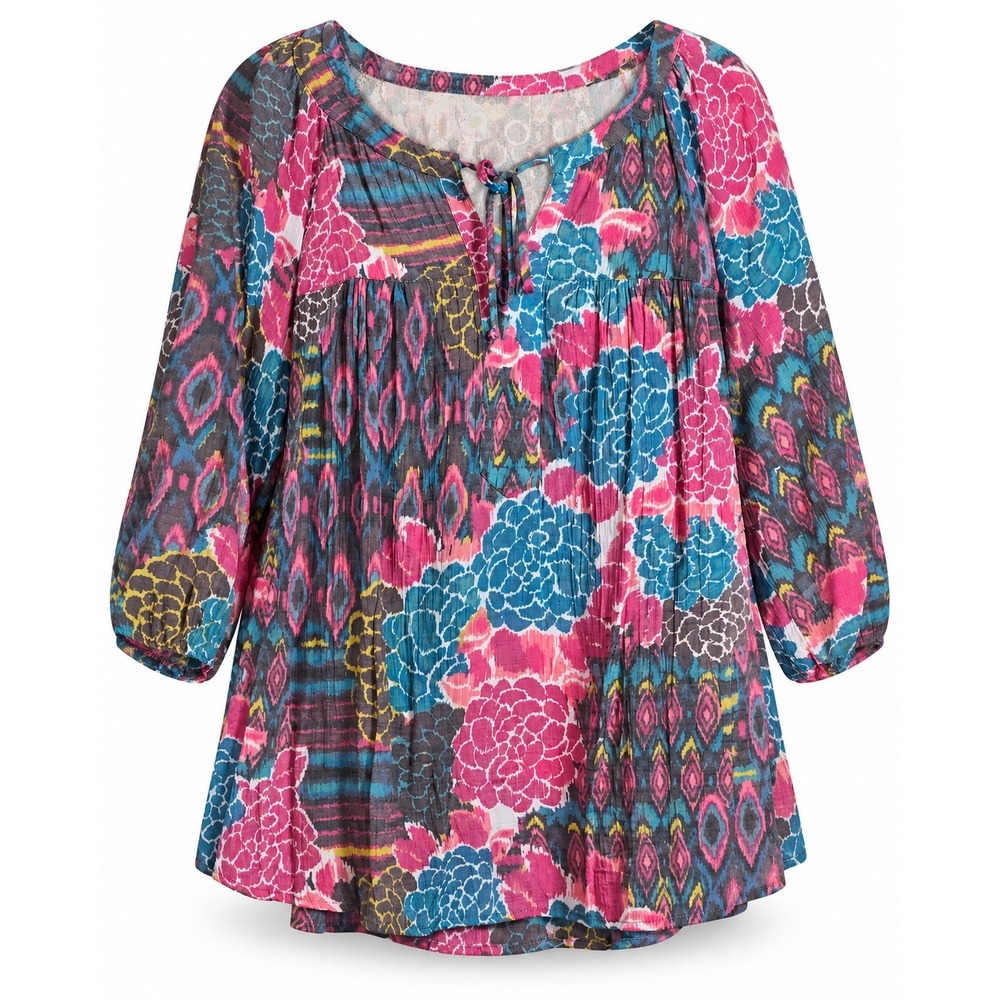 Fig and Flower 3X Blouse Multicolor Floral Ikat Lace Back Tie Neck Top Peasant